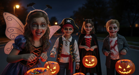 Four children in various halloween costumes, including a fairy, pirate, devil, and zombie, holding glowing jack o lantern buckets filled with candy while trick or treating outdoors at night.の素材
