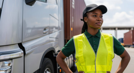 African woman truck driver in a high visibility vest and cap, standing confidently with hands on hips beside a large semi truck at a commercial shipping port.の素材