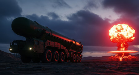 Massive intercontinental ballistic missile on a military transporter vehicle, with a devastating nuclear explosion mushroom cloud in the background under a dark sky.の素材