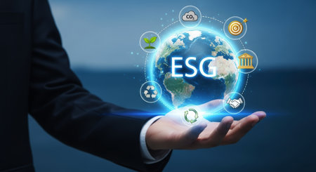 Businessman hand holding a glowing digital earth globe surrounded by ESG icons representing environmental, social, and governance principles for sustainable development.の素材