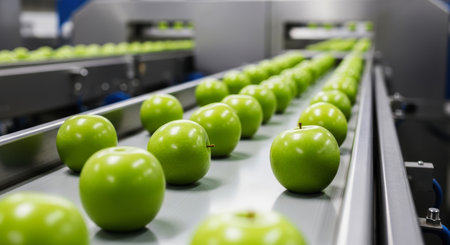 Bright green apples steadily moving along a wide metal conveyor belt in a modern fruit sorting and processing facility, emphasizing automation and fresh produce.の素材