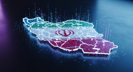 Stylized map of iran displaying national flag colors, glowing borders, and rising data points, symbolizing digital connectivity and technological advancement.の素材