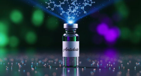 Glass vial labeled antidote with shimmering liquid, illuminated by a blue light projecting a molecular structure, symbolizing medical innovation, cure, and scientific research.の素材