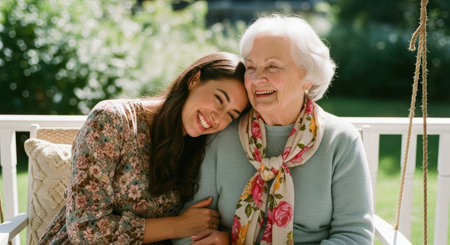 Smiling adult daughter embracing her happy elderly mother outdoors, sharing a joyful moment on a sunny day, symbolizing family bond and care.の素材
