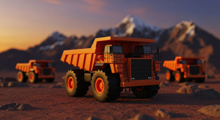 Three large orange dump trucks on a rugged, reddish brown terrain, with majestic mountains under a warm sunset sky. represents heavy industry, mining, and earth moving.の素材