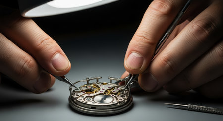 Watchmaker hands carefully assemble the complex internal gears and springs of a mechanical watch, illuminated by a focused lamp. precision, craftsmanship, and attention to detail.の素材