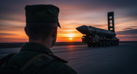 Soldier in uniform stands on a runway, observing a large ballistic missile on a mobile transporter vehicle against a vibrant sunset sky.の素材