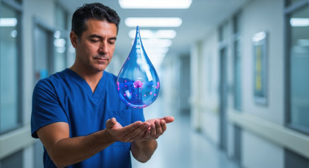 Medical professional in blue scrubs holding a glowing blue liquid drop with a neural network, symbolizing advanced healthcare technology in a hospital.の素材