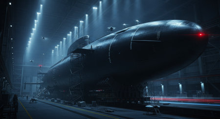 Massive futuristic submarine docked in a vast, dimly lit industrial dry dock, illuminated by overhead lights. emphasizes advanced military technology and engineering in a dark, mysterious setting.の素材