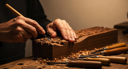Craftsman hands meticulously carving intricate details into a wooden block with a chisel, showcasing traditional artistry and craftsmanship.の素材