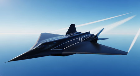 Sleek black hypersonic jet aircraft with angular lines soaring over a vast blue ocean, leaving white contrails. represents advanced technology, speed, and future defense.の素材