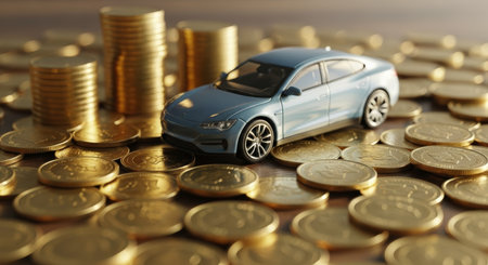 Blue electric car model resting on a bed of golden coins with stacks of coins in the background, symbolizing vehicle finance, purchase, and investment.の素材