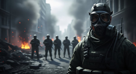 Soldier in a gas mask stands in a devastated city street with smoke and fire. other soldiers are blurred in the background, depicting a scene of war and urban destruction.の素材