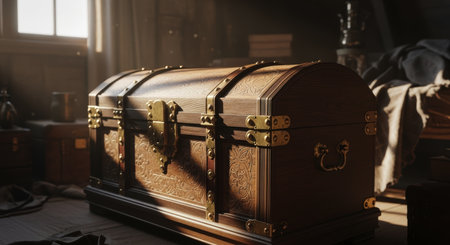 Ornate wooden treasure chest with intricate carvings and brass hardware, illuminated by sunlight in a dusty, old room. symbolizes mystery, wealth, and discovery.の素材