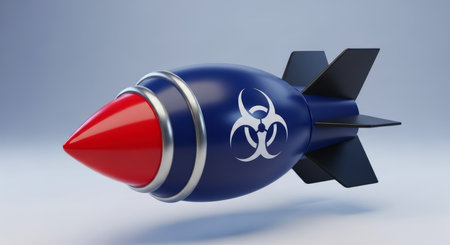 Stylized blue cartoon bomb with a bright red nose cone, metallic rings, and a prominent white biohazard symbol on its body, representing a biological weapon threat.の素材
