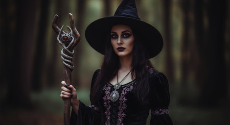 Young woman dressed as a gothic witch, wearing a pointed hat and dark makeup, holding an ornate magic staff in a dark, mysterious forest, evoking fantasy and halloween themes.の素材