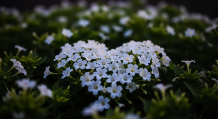 White flowers meticulously arranged into a heart shape, nestled among lush green foliage, symbolizing love, purity, and natural beauty.の素材