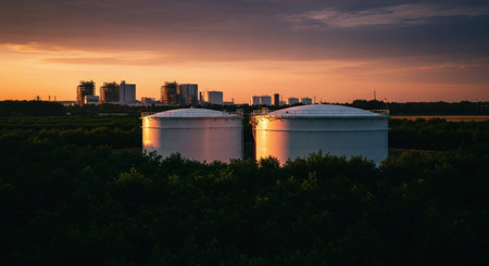 Two large white industrial storage tanks stand amidst green trees, with a factory complex silhouetted against a vibrant orange sunset sky, symbolizing energy infrastructure.の素材