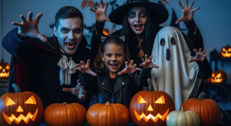Family of four in halloween costumes, including a vampire, witch, cat, and ghost, posing happily with illuminated jack o lanterns.の素材