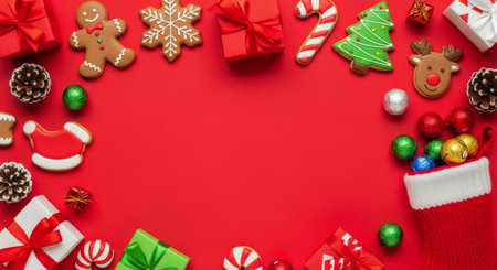 Christmas flat lay with gingerbread man, snowflake, gifts, candy canes, and cookies arranged on a vibrant red background, offering copy space.の素材