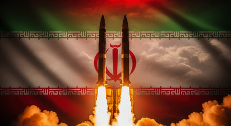Two ballistic missiles launching with powerful fiery exhaust plumes, set against the waving flag of iran. symbolizes military power, defense, and geopolitical tension.の素材