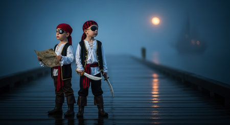 Two young boys in pirate costumes, with eye patches and bandanas, stand on a misty wooden dock. one holds a treasure map, the other a sword, ready for adventure.の素材