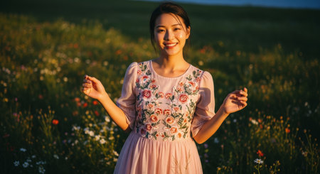 Smiling young asian woman in a pink embroidered dress standing gracefully in a vibrant wildflower field bathed in warm golden hour sunlight, embracing nature beauty.の素材