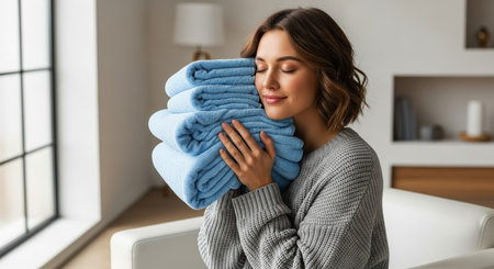Young woman holding a stack of freshly laundered, soft blue towels to her face, eyes closed, enjoying the clean scent and comfort at home.の素材