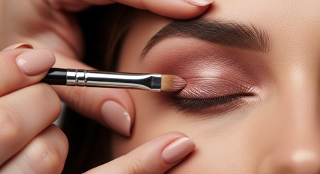 Close up of a professional makeup artist applying shimmering rose gold eyeshadow to a woman closed eyelid with a brush, highlighting beauty and cosmetic artistry.の素材