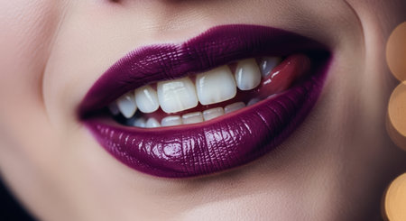 Woman mouth with glossy dark purple lipstick, revealing healthy white teeth and a tongue licking the upper lip. beauty and dental care concept.の素材