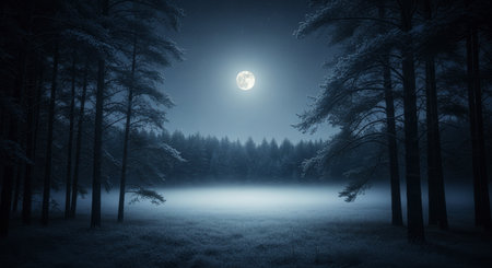 Full moon illuminates a tranquil forest clearing covered in ethereal mist. dark silhouettes of pine trees stand tall, creating a mysterious night landscape.の素材