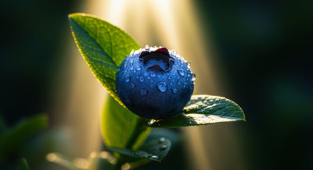 Perfect blueberry with glistening water droplets on vibrant green leaves, bathed in warm golden sunlight, macro view.の素材