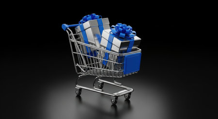 Miniature chrome shopping cart filled with two silver gift boxes, each meticulously wrapped with a glossy blue ribbon, symbolizing shopping and gifting.の素材