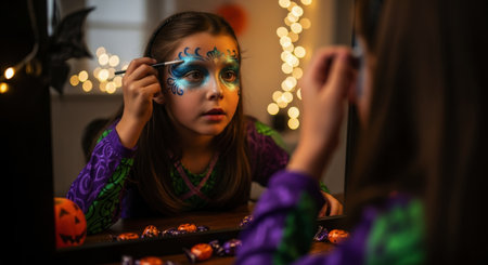Young girl applying vibrant blue and green face paint with a brush, reflected in a mirror, preparing for halloween festivities.の素材