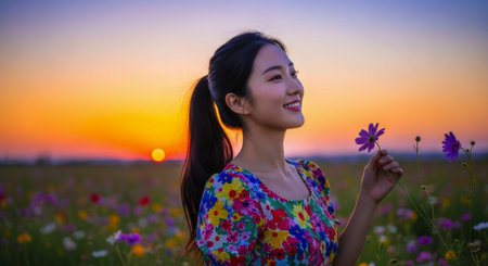 Young asian woman smiling and holding a purple flower in a vibrant wildflower field during a beautiful golden sunset, enjoying nature and freedom.の素材