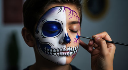 Young boy face being painted with a detailed half skull design, featuring white, blue, and purple colors. artist hand applies final touches with a brush.の素材