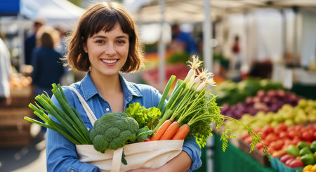 Smiling young woman holding a canvas tote bag filled with fresh broccoli, carrots, and green onions at an outdoor farmer market.の素材