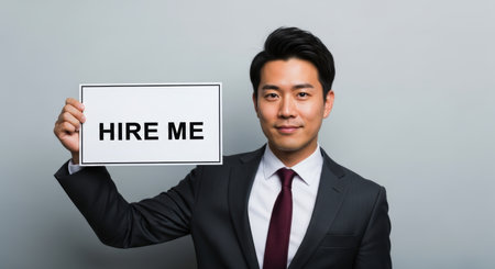 Smiling asian businessman in a suit holding a hire me sign, symbolizing job seeking, employment, and career opportunities.の素材