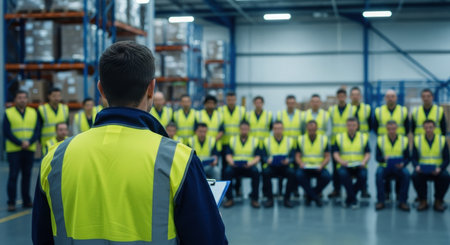 Male project leader in a high visibility vest addresses a group of male workers during a meeting in a large industrial warehouse, focusing on safety and logistics.の素材