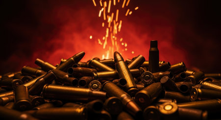 Pile of brass bullet casings and live ammunition, illuminated by fiery sparks and a dramatic red glow, symbolizing conflict and danger.の素材