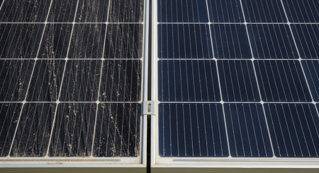 Dirty and clean solar panels side by side, illustrating the impact of grime on renewable energy efficiency and the importance of maintenance for optimal power generation.の素材