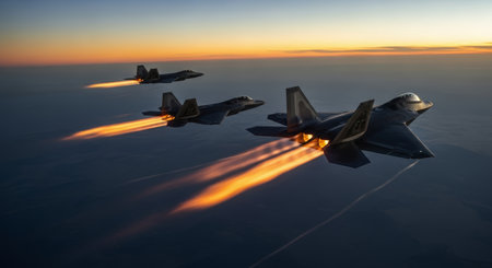 Three advanced stealth fighter jets fly in a precise formation, their afterburners glowing brightly against the vibrant hues of a sunset sky, showcasing power and speed.の素材