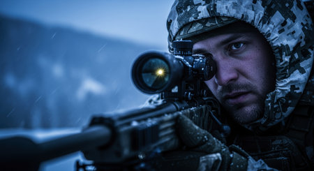 Man in winter camouflage aiming a long range sniper rifle with a scope in a snowy, cold environment, focusing on precision and military operation.の素材