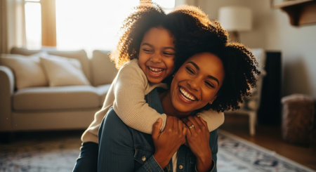 African american mother and daughter laughing and hugging, sharing a joyful moment indoors. warm light illuminates their happy expressions.の素材