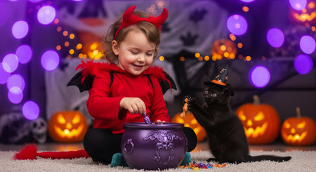 Smiling little girl in a red devil costume and a black kitten in a witch hat reaching for candy from a cauldron, surrounded by halloween decorations.の素材