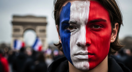 Young man with his face painted in the colors of the french flag, blue, white, and red, at a public gathering with the arc de triomphe in the background. represents patriotism, national pride, and support.の素材