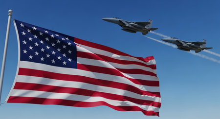 American flag waving proudly on a flagpole with two advanced fighter jets flying in formation, leaving contrails in the clear blue sky, symbolizing patriotism and national defense.の素材