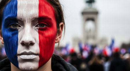 Young woman with her face painted in blue, white, and red colors of the french flag, expressing patriotism and national unity at a public gathering.の素材