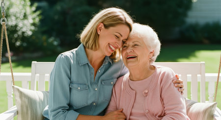 Adult daughter and elderly mother sharing a joyful moment, laughing and embracing on a white porch swing in a sunny outdoor garden.の素材