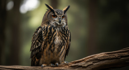 Eurasian eagle owl with distinctive ear tufts and patterned feathers perching on a textured tree branch, looking alert in a natural forest environment.の素材